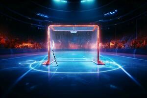 Eis gebunden Neon- Sieg ein Tor scheint hell im das Eishockey Arenen glühen ai generiert foto