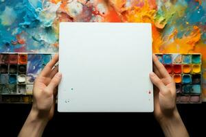 Hände Griff ein Notizbuch inmitten ein kreativ Array von Gemälde Elemente über ai generiert foto