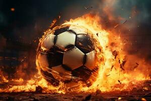 Feuer und Inbrunst, Stadien spielen Feld Gastgeber ein lodernd Fußball Ball, Funken Aufregung ai generiert foto