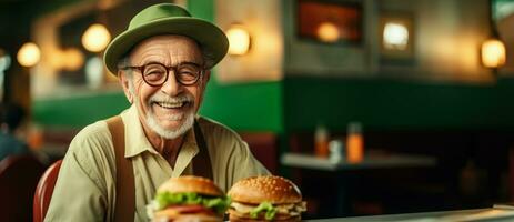 Alten Mann genießen Burger beim retro Abendessen Hintergrund mit leeren Raum zum Text foto