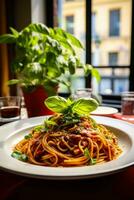 Digital Nomade genießt traditionell Pasta im ein urig Italienisch Cafe foto