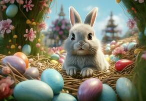 ai generativ Foto glücklich Hase mit viele Ostern Eier auf Gras festlich Hintergrund zum dekorativ Design