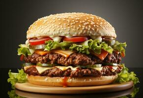ai generativ doppelt Hamburger isoliert auf Weiß Hintergrund frisch Burger schnell Essen mit Rindfleisch und Sahne Käse realistisch Bild, Ultra hd, hoch Design sehr detailliert foto