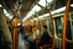 selektiv Fokus auf Griff verschwommen Hand sichert Gurt, gewährleisten Sicherheit im U-Bahn Reise. ai generiert foto