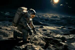 Astronaut auf Mond starrt zurück beim Erde, Einkapselung ein tiefgreifend kosmisch Perspektive. ai generiert foto