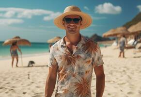 ai generativ zurück Aussicht jung Tourist Mann im Sommer- Kleid und Hut Stehen auf schön sandig Strand. genießen. foto