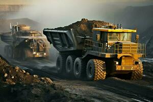 dynamisch Kohle Bergwerk schwer Lastwagen, Bagger verkörpern gedeihen Bergbau Industrie Landschaft. ai generiert foto