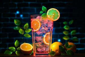 nippen auf Neon- zündete Limonade, ein platzen von Zitrusfrüchte Sonnenschein im jeder fallen ai generiert foto