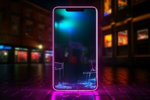 Neon- Smartphone Zeichen scheint auf Backstein Wand, Inbegriff Digital Konnektivität im städtisch Landschaften. ai generiert foto