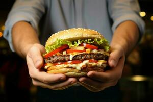 schließen oben unwiderstehlich, lecker Burger umklammert im ein mans erpicht, Fleisch liebend Hände ai generiert foto