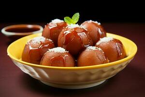 verlockend behandeln Gulab Jamun im ein makellos Weiß Schüssel, ein nachsichtig Süss Gericht ai generiert foto