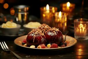 künstlich inspiriert ein ai generiert dunkel Tabelle Rahmen ergänzt ein glühend Kerze und Schokolade Dessert ai generiert foto