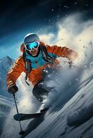 Mann Skifahren Nieder schneebedeckt Berg foto