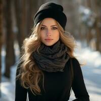 jung Frau im stilvoll Winter Outfit foto