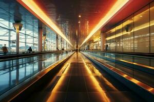 das Flughafen dynamisch fließen verschwommen Reisende auf parallel ziehen um Gehwege, ein Gerade Pfad ai generiert foto