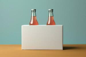 zwei deutlich nicht alkoholisch Getränk Flaschen begleitet durch ein Weiß Papier Kasten, isoliert auf ein toscha Hintergrund ai generiert foto