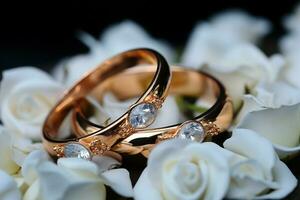 selektiv Fokus verbessert Hochzeit Ringe, mächtig Symbole von Liebe und Familie Verbindung ai generiert foto