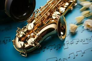 golden Saxophone Anmut ein Blau Hintergrund, begleitet durch ein Musical Notizbuch. ai generiert foto