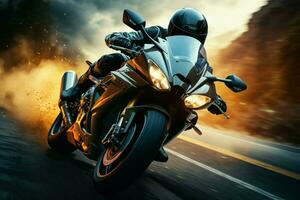 mächtig Motorrad brüllt beim hoch Geschwindigkeit, Fahrer eingetaucht im Adrenalin Pumpen Geschwindigkeit ai generiert foto