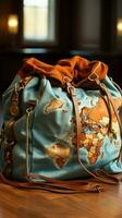 Reisender s essentiell, Wäsche Tasche mit ein Welt Karte zum Wanderer Vertikale Handy, Mobiltelefon Hintergrund ai generiert foto
