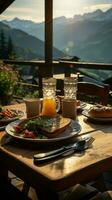Frühstück serviert auf ein hölzern Terrasse Terrasse beim ein Tirol alm Hütte beim Sonnenaufgang. Vertikale Handy, Mobiltelefon Hintergrund ai generiert foto
