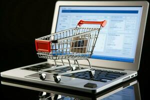 Weiß Isolierung Laptop, Einkaufen Korb, Tastatur kapseln e Handel Konzept online Einkaufen porträtiert ai generiert foto