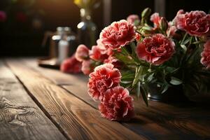 rustikal hölzern Tabelle hält ein immer noch Leben von herrlich Nelke Blumen ai generiert foto