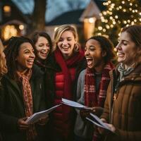 heiter Gruppe Weihnachtslieder im das Gegend foto