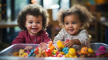 aufgeregt Kinder spielen mit Spielzeuge im Klassenzimmer foto