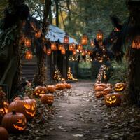 Halloween Dekorationen, gespenstisch Kürbislaternen, verfolgt Häuser foto