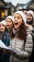 heiter Gruppe Weihnachtslieder im das Gegend foto