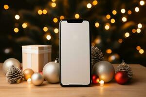 Digital Telefon spotten oben mit rustikal Weihnachten Dekorationen ai generiert foto