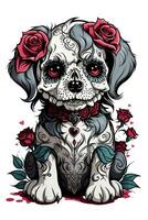 catrina Grafik zum dia los Muertos im ein Hündchen mit rot Rosen foto