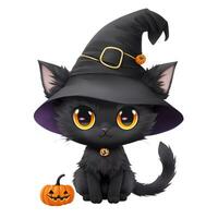 süß schwarz Katze im Hexe Hut und Kürbis Grafik zum Halloween auf Weiß Hintergrund foto