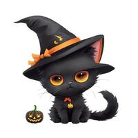 süß schwarz Katze im Hexe Hut und Kürbis Grafik zum Halloween auf Weiß Hintergrund foto