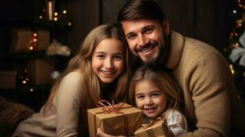 froh Familie mit Weihnachten die Geschenke und Dekorationen foto