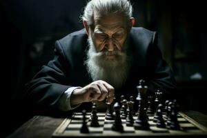 gemütlich ältere Mann Zuhause Schach. generieren ai foto