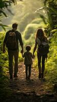 Familie Wandern durch üppig Wald foto