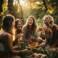 freunde Lachen und genießen draussen Picknick foto