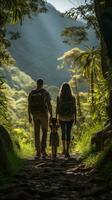 Familie Wandern durch üppig Wald foto