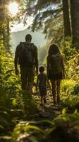 Familie Wandern durch üppig Wald foto