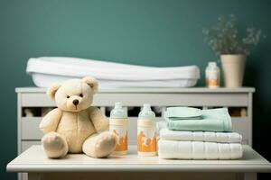 Säugling Hygiene Konzept Ändern Tabelle geschmückt mit Baby Pflege Produkte im ein Kindergarten ai generiert foto