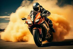 hoch Geschwindigkeit Rennen auf Spur extrem Sportler Manöver Sport Motorräder mit heftig Entschlossenheit ai generiert foto
