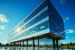 blauer Himmel Hintergrund ergänzt ein glatt modern Büro Gebäude, Darstellen korporativ Raffinesse. ai generiert foto