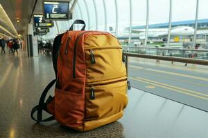 Flughafen Szene ein Reisende Fett gedruckt rot Rucksack fügt hinzu ein Pop von Farbe ai generiert foto