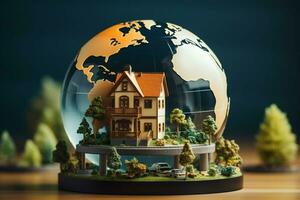 ein Modell- Haus mit ein Globus oben auf symbolisieren global Wohneigentum ai generiert foto