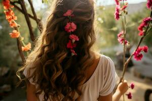 inmitten Blumen, zurück Aussicht Frau Schaukeln draußen, ihr Haar Tanzen im Naturen Umarmung ai generiert foto