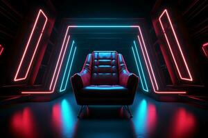 Stühle Neon- Scheinwerfer das Räume Dunkelheit ist kontrastiert durch beschwingt Farbtöne ai generiert foto