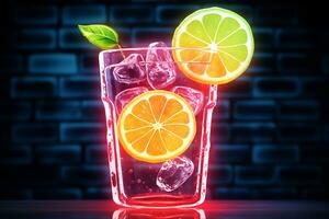 Neon- Limonade Symbol strahlt, Inbegriff erfrischend Zitrusschale im modern Getränk Erfahrungen. ai generiert foto