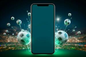 im 3d, ein Smartphone Anzeigen ein Leben Fußball Spiel auf es ist Weiß Bildschirm gegen ein dunkel Hintergrund ai generiert foto